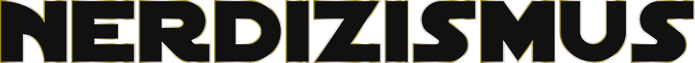 Nerdizismus Logo: Schwarze Schrift mit goldenem Rand