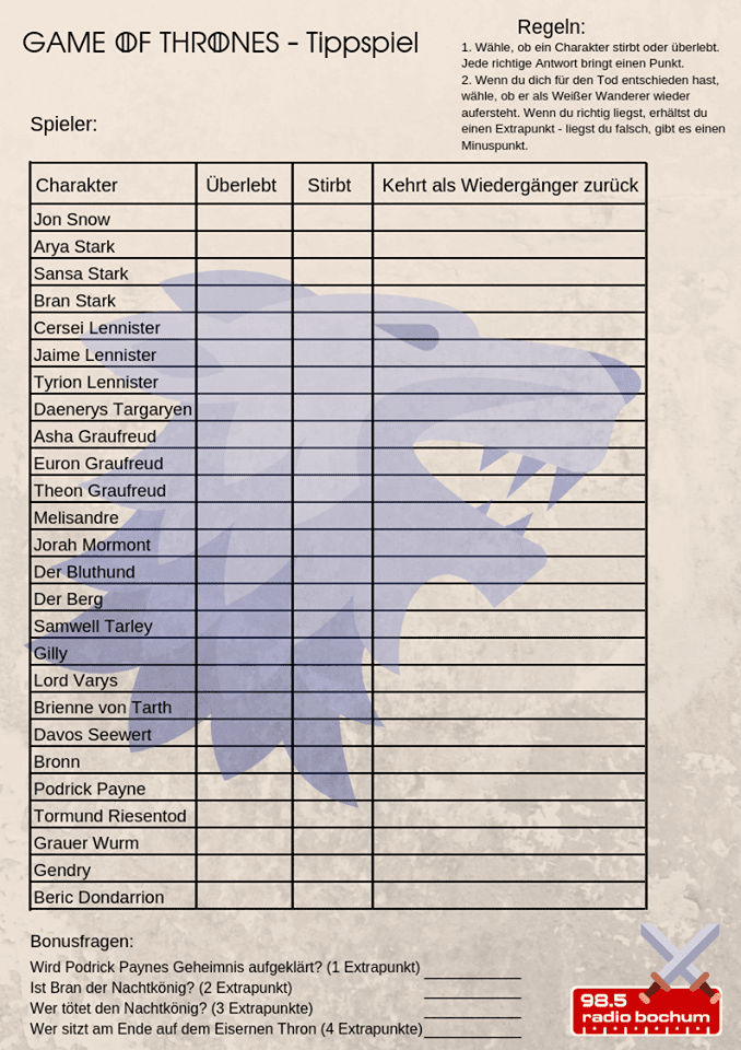 Game of Thrones Tippspiel Vorlage